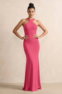 Crisscross Halter Sheath Chiffon Bridesmaid Dress with Bow in Fuchsia - KissProm BRIDESMAID DRESSES