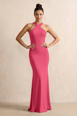 Crisscross Halter Sheath Chiffon Bridesmaid Dress with Bow in Fuchsia - KissProm BRIDESMAID DRESSES