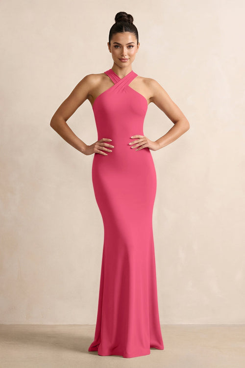 Crisscross Halter Sheath Chiffon Bridesmaid Dress with Bow in Fuchsia - KissProm BRIDESMAID DRESSES