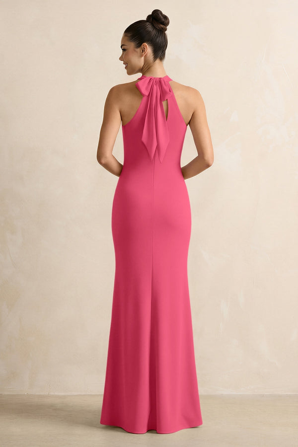 Crisscross Halter Sheath Chiffon Bridesmaid Dress with Bow in Fuchsia - KissProm BRIDESMAID DRESSES