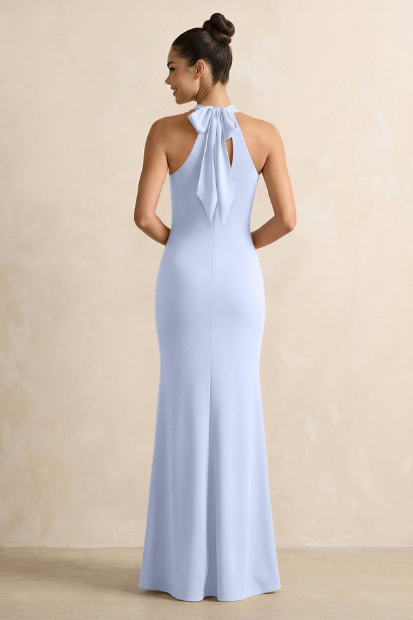 Crisscross Halter Sheath Chiffon Bridesmaid Dress with Bow in Ice - KissProm BRIDESMAID DRESSES