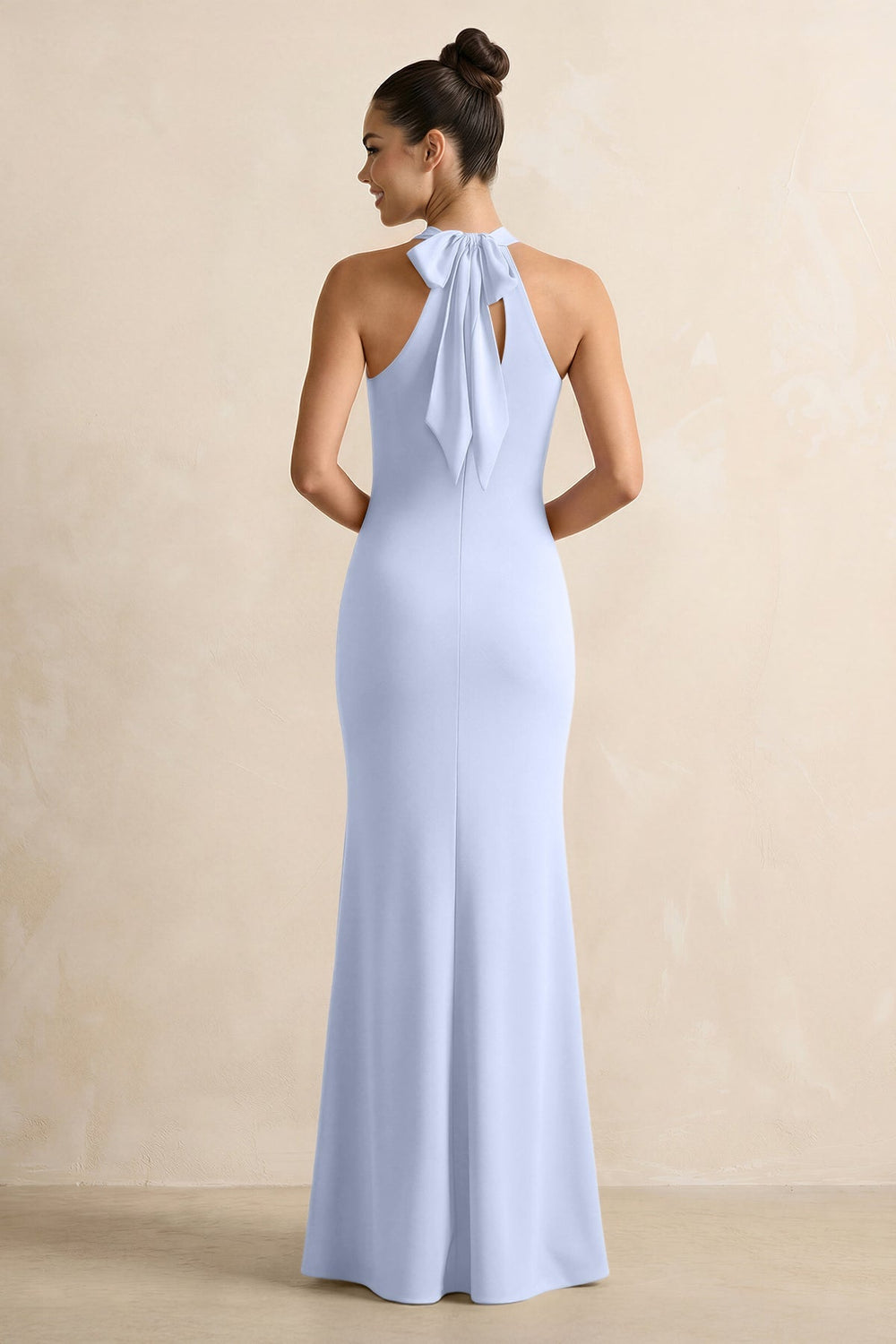 Crisscross Halter Sheath Chiffon Bridesmaid Dress with Bow in Ice - KissProm BRIDESMAID DRESSES