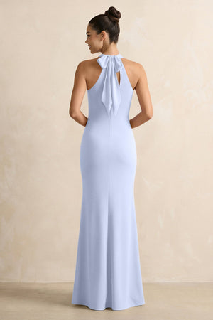 Crisscross Halter Sheath Chiffon Bridesmaid Dress with Bow in Ice - KissProm BRIDESMAID DRESSES