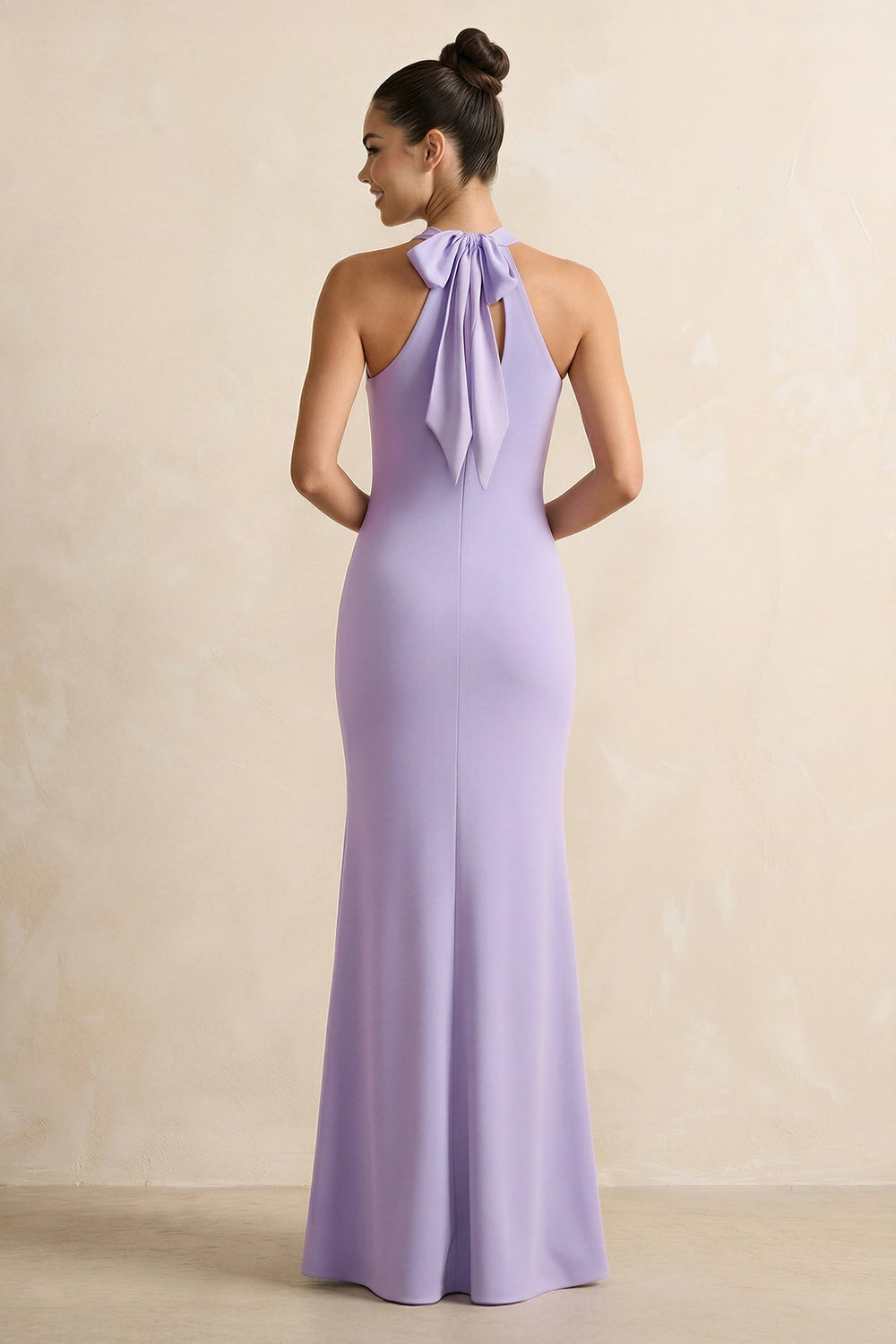 Crisscross Halter Sheath Chiffon Bridesmaid Dress with Bow in Lavender - KissProm BRIDESMAID DRESSES