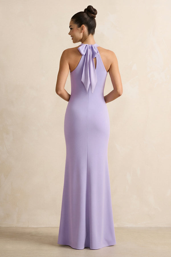 Crisscross Halter Sheath Chiffon Bridesmaid Dress with Bow in Lavender - KissProm BRIDESMAID DRESSES