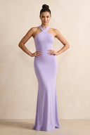 Crisscross Halter Sheath Chiffon Bridesmaid Dress with Bow in Lavender - KissProm BRIDESMAID DRESSES