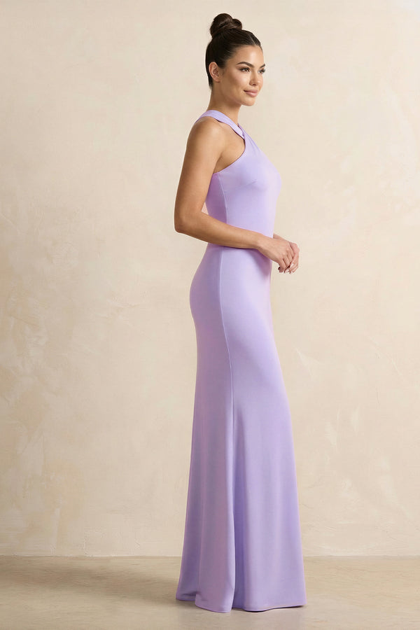 Crisscross Halter Sheath Chiffon Bridesmaid Dress with Bow in Lavender - KissProm BRIDESMAID DRESSES