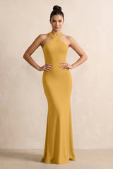 Crisscross Halter Sheath Chiffon Bridesmaid Dress with Bow in Marigold - KissProm BRIDESMAID DRESSES