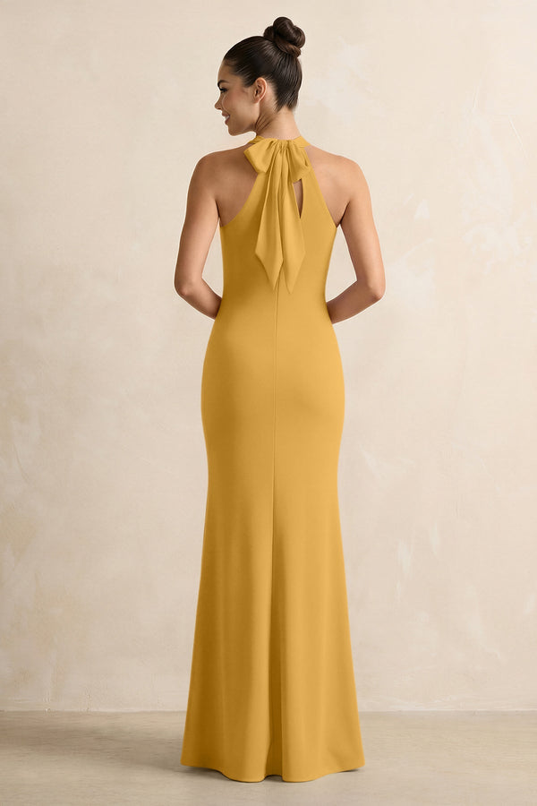 Crisscross Halter Sheath Chiffon Bridesmaid Dress with Bow in Marigold - KissProm BRIDESMAID DRESSES