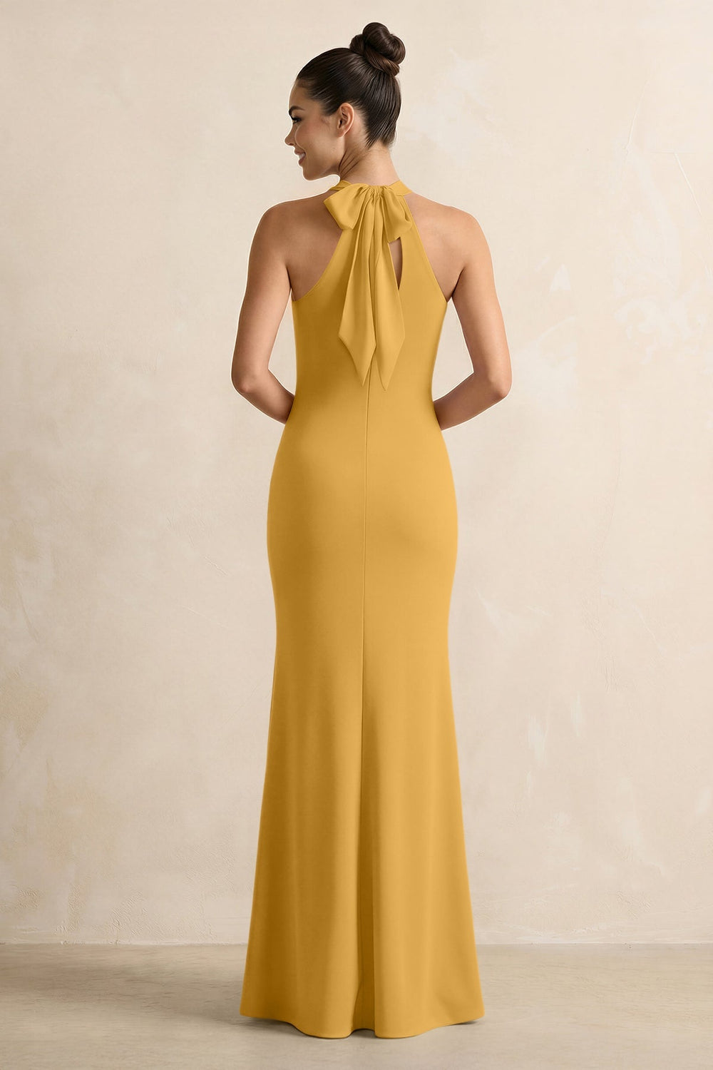Crisscross Halter Sheath Chiffon Bridesmaid Dress with Bow in Marigold - KissProm BRIDESMAID DRESSES