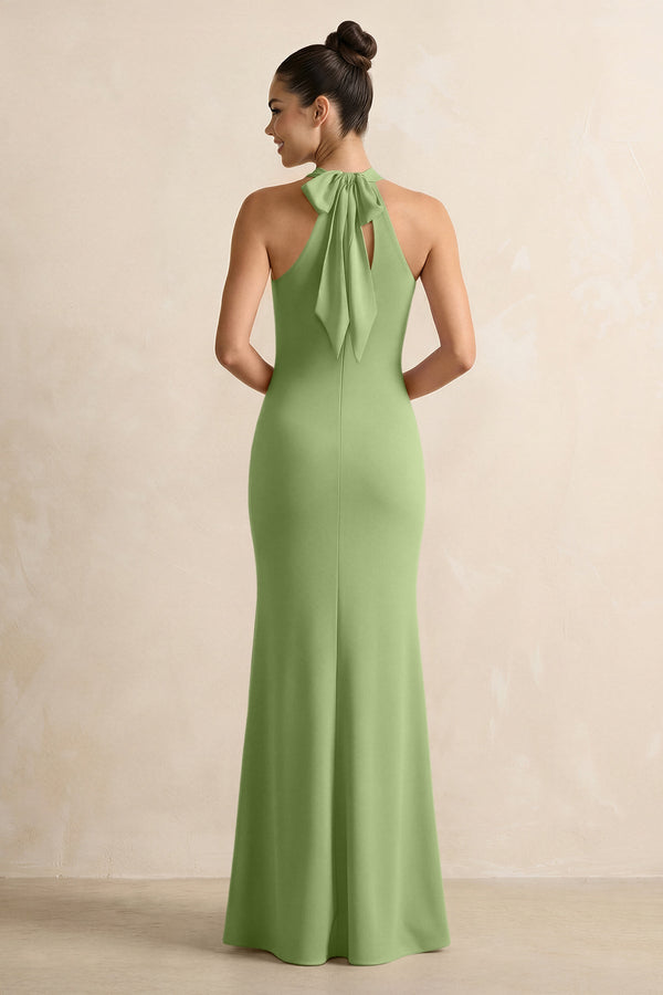 Crisscross Halter Sheath Chiffon Bridesmaid Dress with Bow in Matcha - KissProm BRIDESMAID DRESSES