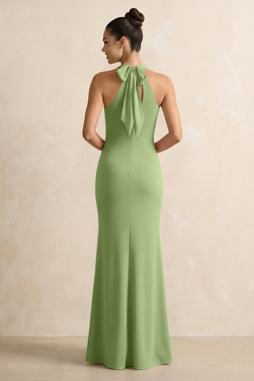 Crisscross Halter Sheath Chiffon Bridesmaid Dress with Bow in Matcha - KissProm BRIDESMAID DRESSES