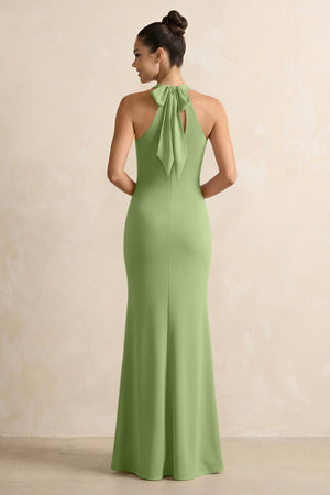 Crisscross Halter Sheath Chiffon Bridesmaid Dress with Bow in Matcha - KissProm BRIDESMAID DRESSES