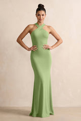 Crisscross Halter Sheath Chiffon Bridesmaid Dress with Bow in Matcha - KissProm BRIDESMAID DRESSES