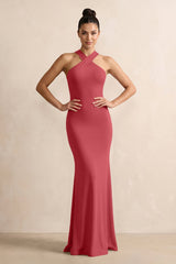 Crisscross Halter Sheath Chiffon Bridesmaid Dress with Bow in Merlot - KissProm BRIDESMAID DRESSES