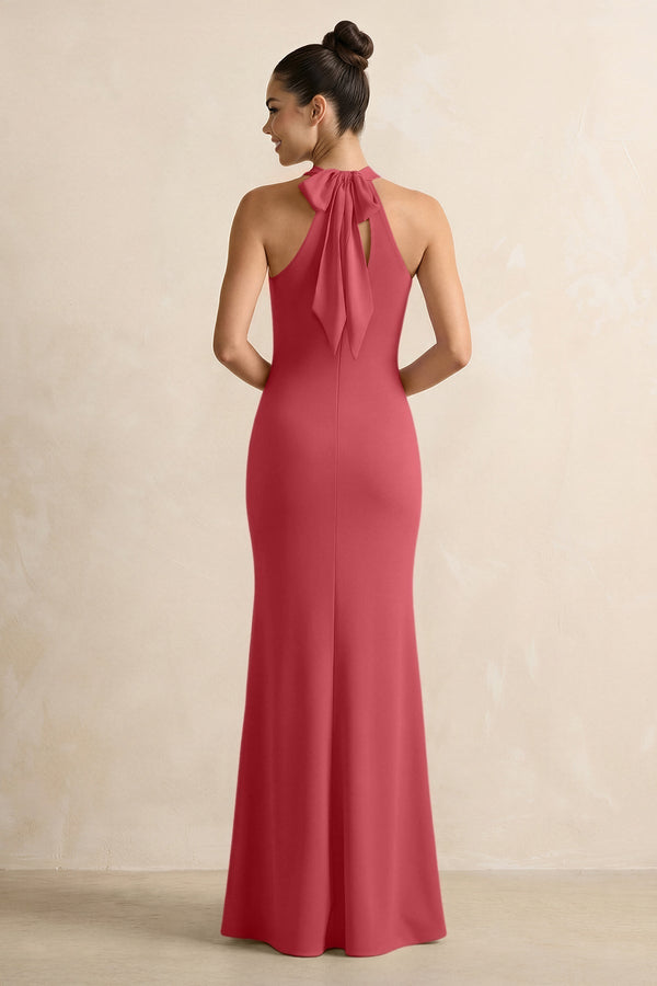 Crisscross Halter Sheath Chiffon Bridesmaid Dress with Bow in Merlot - KissProm BRIDESMAID DRESSES