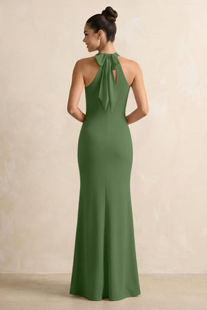 Crisscross Halter Sheath Chiffon Bridesmaid Dress with Bow in Moss - KissProm BRIDESMAID DRESSES