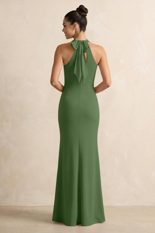 Crisscross Halter Sheath Chiffon Bridesmaid Dress with Bow in Moss - KissProm BRIDESMAID DRESSES