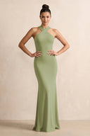 Crisscross Halter Sheath Chiffon Bridesmaid Dress with Bow in Moss Green - KissProm BRIDESMAID DRESSES