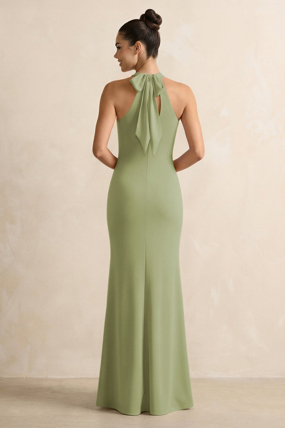 Crisscross Halter Sheath Chiffon Bridesmaid Dress with Bow in Moss Green - KissProm BRIDESMAID DRESSES