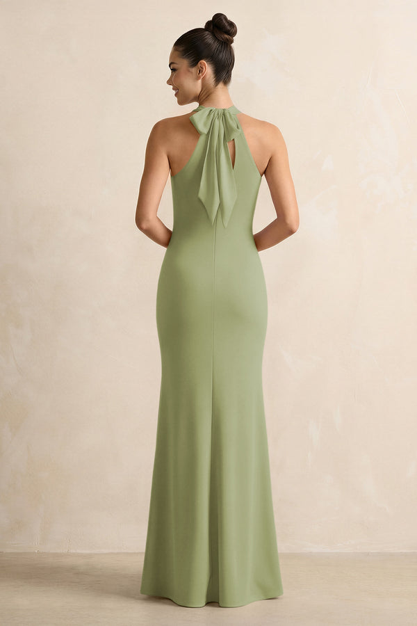 Crisscross Halter Sheath Chiffon Bridesmaid Dress with Bow in Moss Green - KissProm BRIDESMAID DRESSES