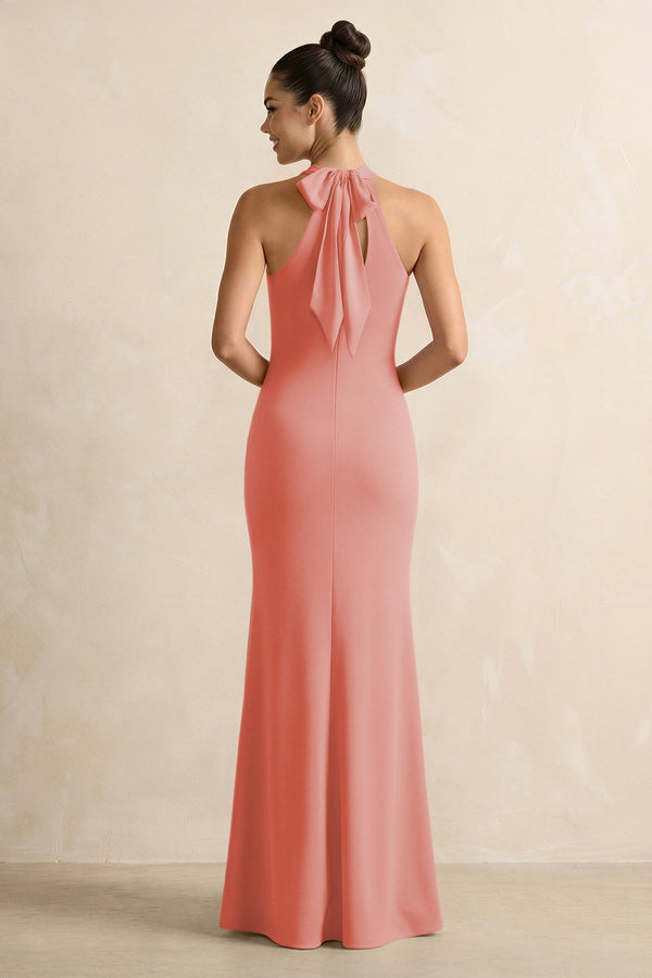 Crisscross Halter Sheath Chiffon Bridesmaid Dress with Bow in Mulberry - KissProm BRIDESMAID DRESSES