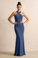 Crisscross Halter Sheath Chiffon Bridesmaid Dress with Bow in Navy - KissProm BRIDESMAID DRESSES