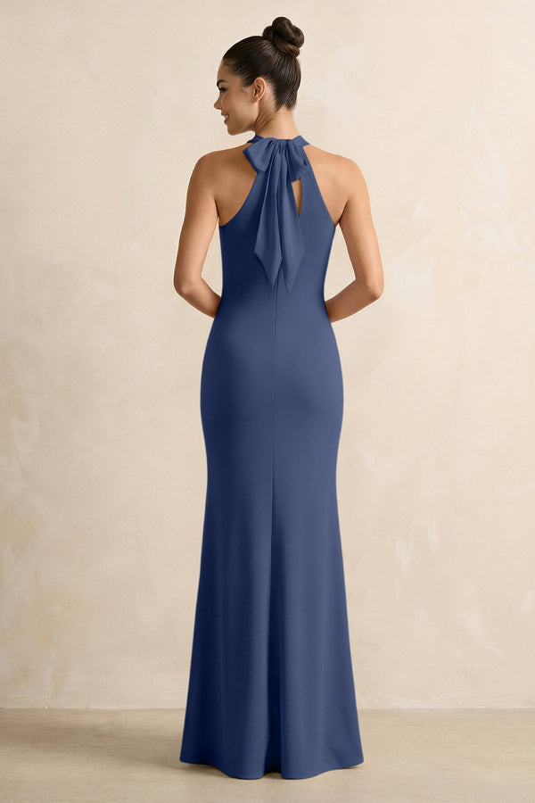 Crisscross Halter Sheath Chiffon Bridesmaid Dress with Bow in Navy - KissProm BRIDESMAID DRESSES
