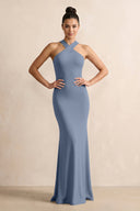 Crisscross Halter Sheath Chiffon Bridesmaid Dress with Bow in Neptune - KissProm BRIDESMAID DRESSES