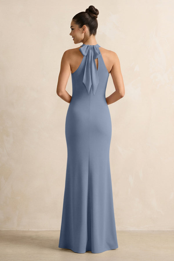Crisscross Halter Sheath Chiffon Bridesmaid Dress with Bow in Neptune - KissProm BRIDESMAID DRESSES