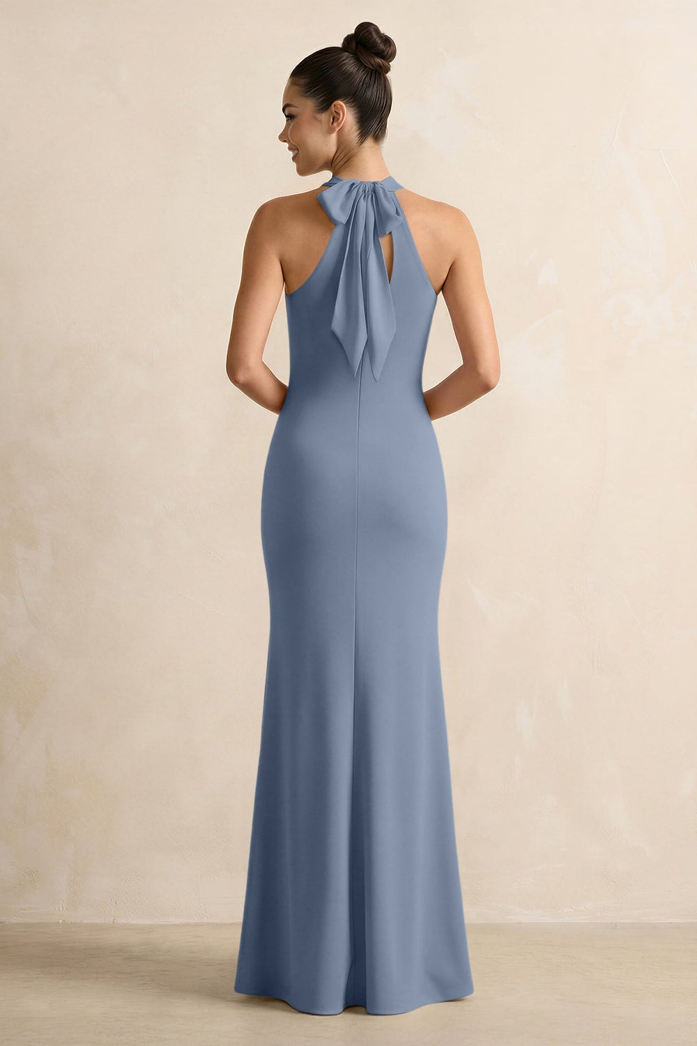 Crisscross Halter Sheath Chiffon Bridesmaid Dress with Bow in Neptune - KissProm BRIDESMAID DRESSES
