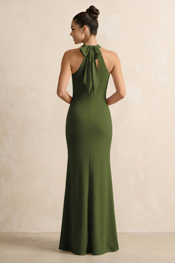 Crisscross Halter Sheath Chiffon Bridesmaid Dress with Bow in Olive - KissProm BRIDESMAID DRESSES