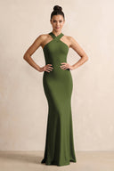 Crisscross Halter Sheath Chiffon Bridesmaid Dress with Bow in Olive - KissProm BRIDESMAID DRESSES
