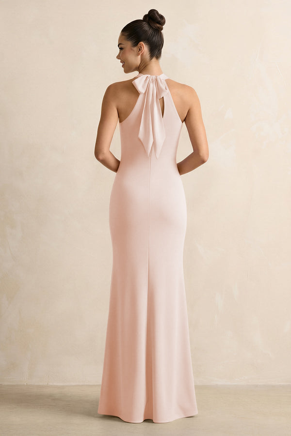 Crisscross Halter Sheath Chiffon Bridesmaid Dress with Bow in Pale Blush - KissProm BRIDESMAID DRESSES