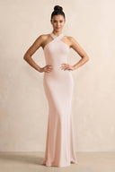 Crisscross Halter Sheath Chiffon Bridesmaid Dress with Bow in Pale Blush - KissProm BRIDESMAID DRESSES