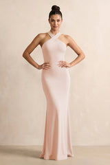 Crisscross Halter Sheath Chiffon Bridesmaid Dress with Bow in Pale Blush - KissProm BRIDESMAID DRESSES