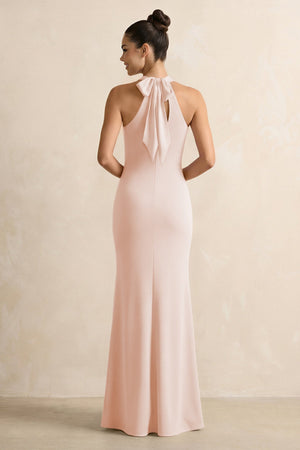 Crisscross Halter Sheath Chiffon Bridesmaid Dress with Bow in Pale Blush - KissProm BRIDESMAID DRESSES