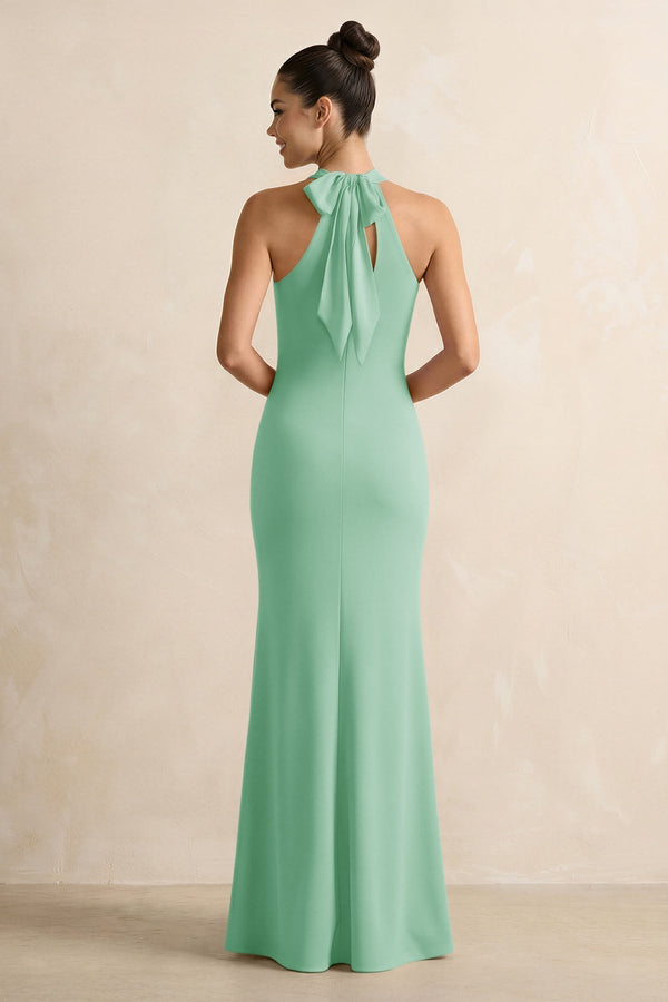 Crisscross Halter Sheath Chiffon Bridesmaid Dress with Bow in Pale Pistachio - KissProm BRIDESMAID DRESSES
