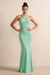 Crisscross Halter Sheath Chiffon Bridesmaid Dress with Bow in Pale Pistachio - KissProm BRIDESMAID DRESSES