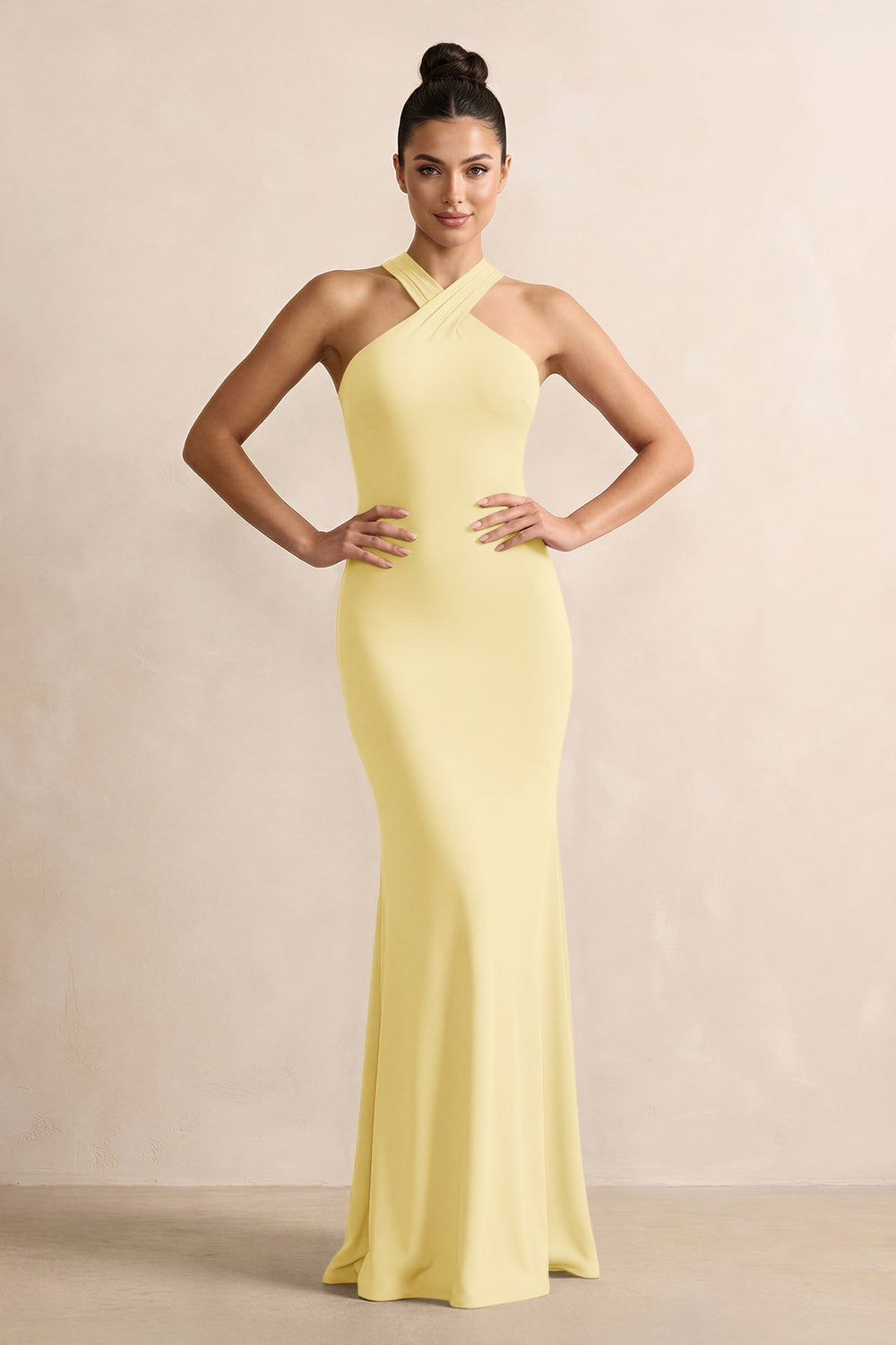 Crisscross Halter Sheath Chiffon Bridesmaid Dress with Bow in Pastel Yellow - KissProm BRIDESMAID DRESSES