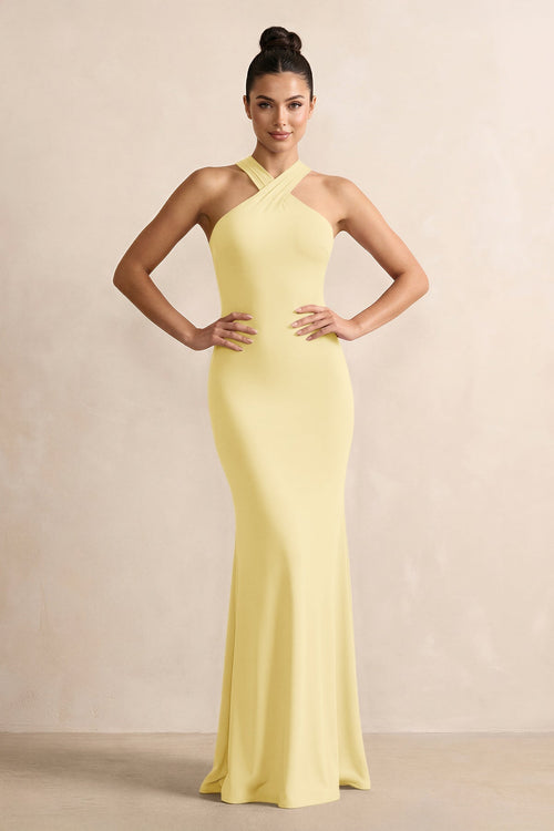 Crisscross Halter Sheath Chiffon Bridesmaid Dress with Bow in Pastel Yellow - KissProm BRIDESMAID DRESSES