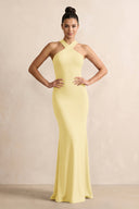 Crisscross Halter Sheath Chiffon Bridesmaid Dress with Bow in Pastel Yellow - KissProm BRIDESMAID DRESSES