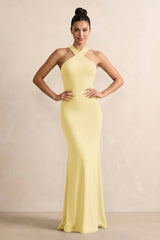 Crisscross Halter Sheath Chiffon Bridesmaid Dress with Bow in Pastel Yellow - KissProm BRIDESMAID DRESSES