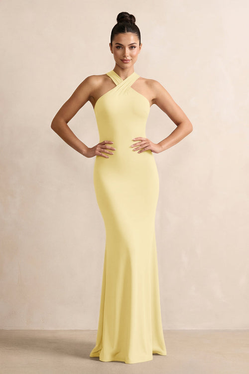 Crisscross Halter Sheath Chiffon Bridesmaid Dress with Bow in Pastel Yellow - KissProm BRIDESMAID DRESSES