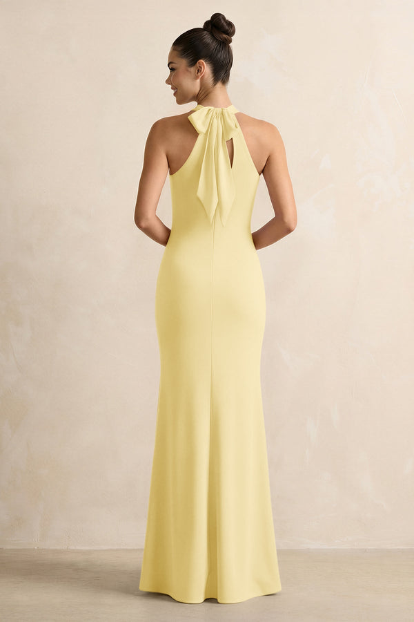 Crisscross Halter Sheath Chiffon Bridesmaid Dress with Bow in Pastel Yellow - KissProm BRIDESMAID DRESSES
