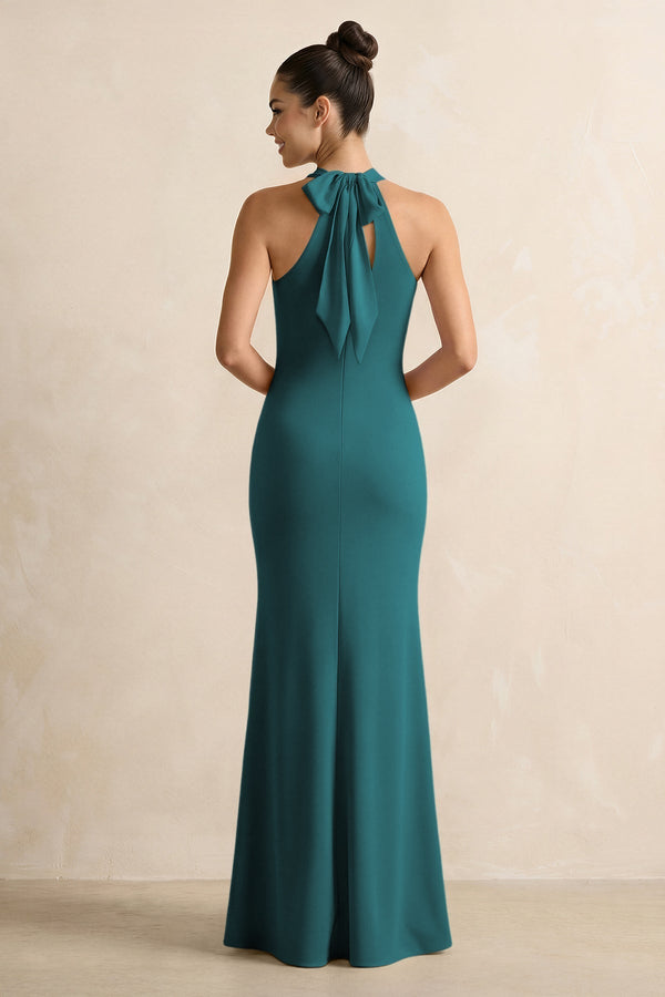 Crisscross Halter Sheath Chiffon Bridesmaid Dress with Bow in Pine - KissProm BRIDESMAID DRESSES