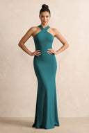 Crisscross Halter Sheath Chiffon Bridesmaid Dress with Bow in Pine - KissProm BRIDESMAID DRESSES