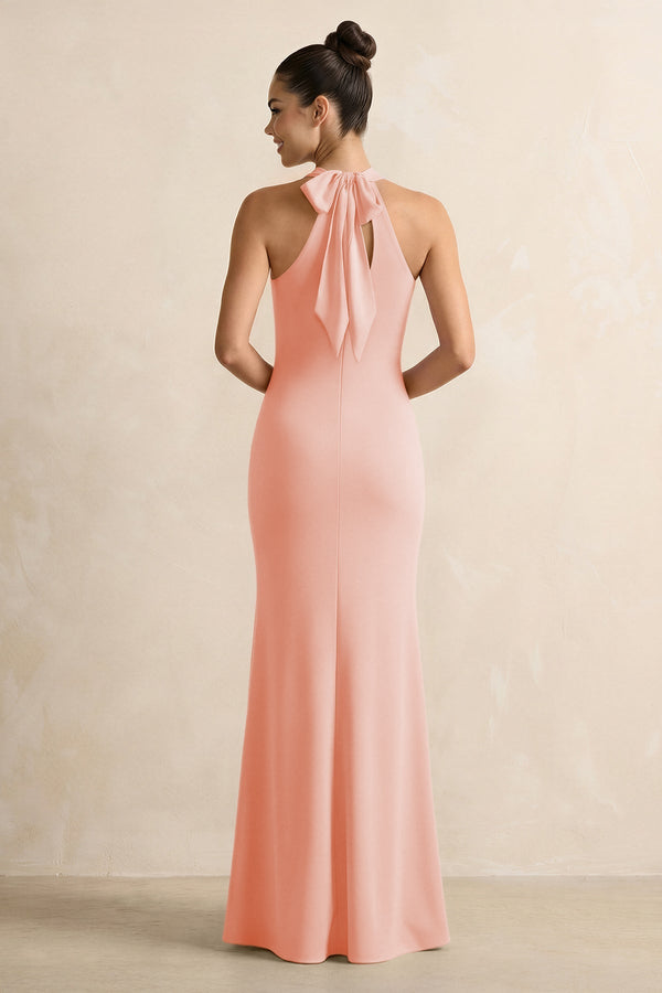 Crisscross Halter Sheath Chiffon Bridesmaid Dress with Bow in Rose Petal - KissProm BRIDESMAID DRESSES