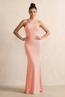 Crisscross Halter Sheath Chiffon Bridesmaid Dress with Bow in Rose Petal - KissProm BRIDESMAID DRESSES