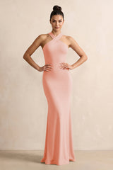 Crisscross Halter Sheath Chiffon Bridesmaid Dress with Bow in Rose Petal - KissProm BRIDESMAID DRESSES